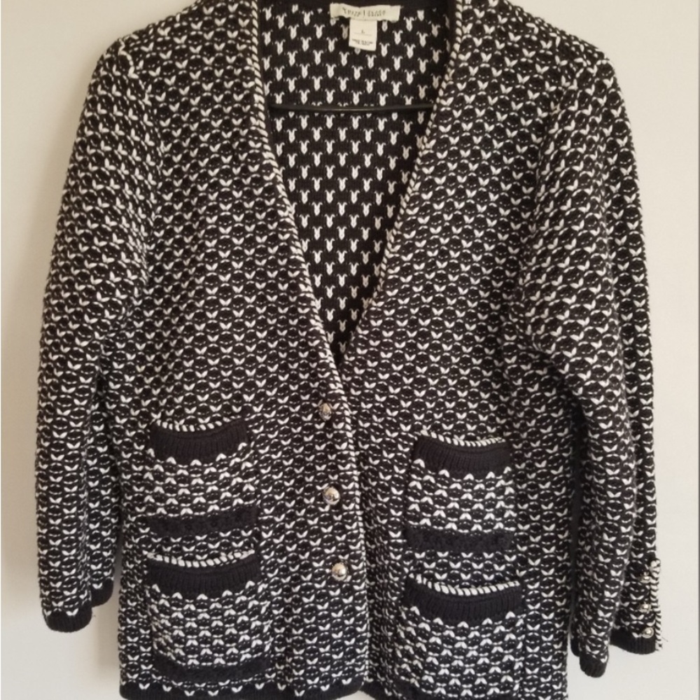 White House Black Market Classic Black & White Cardigan Large
